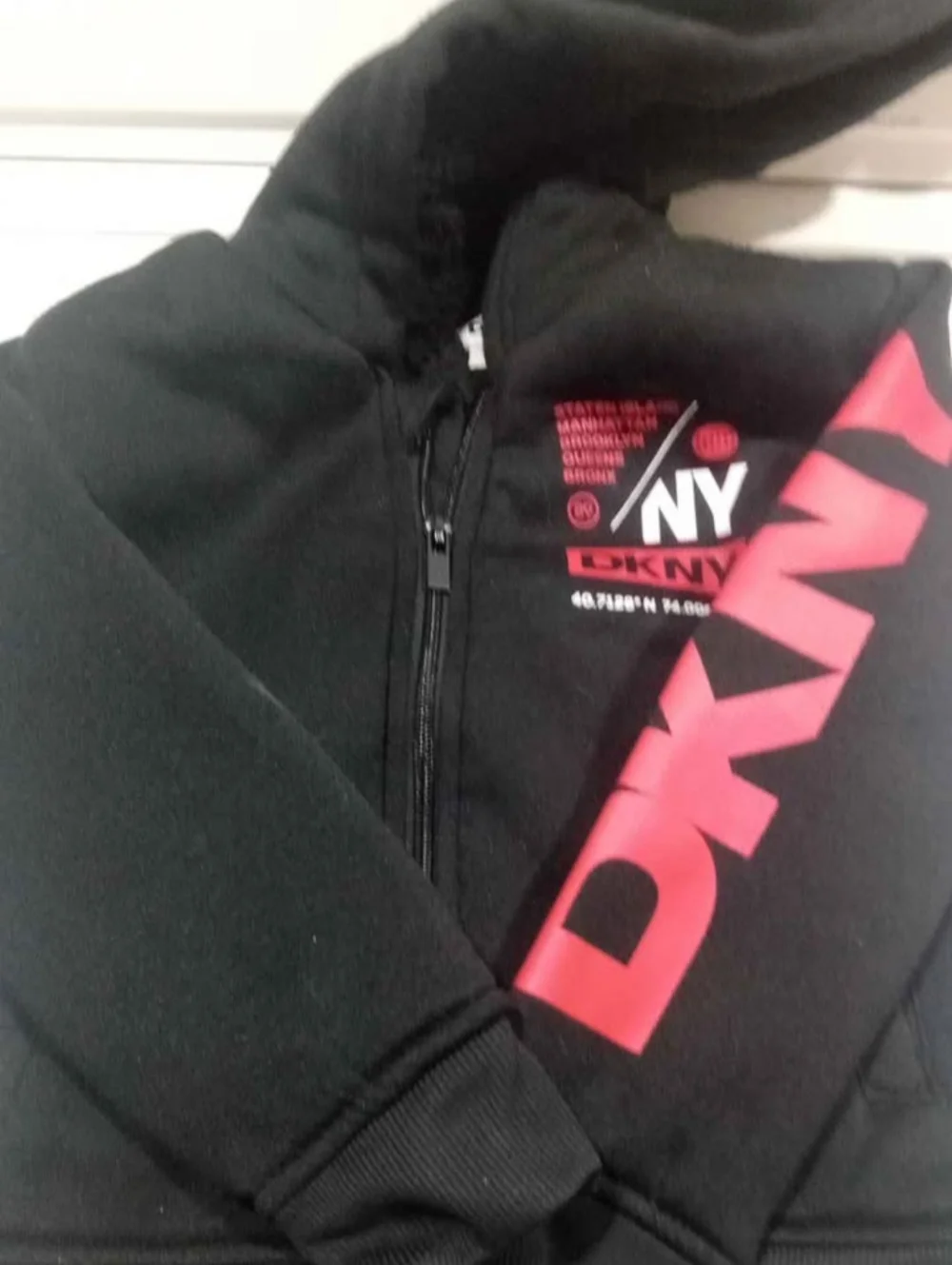 DKNY Black Hooded Kids Jacket with Red NY Graphic